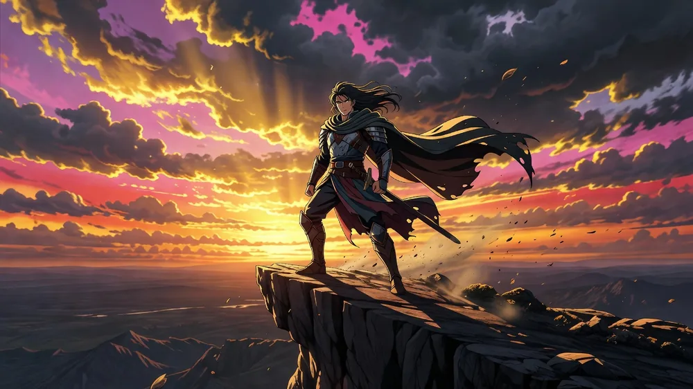 AI-generated anime hero on a cliff at sunset