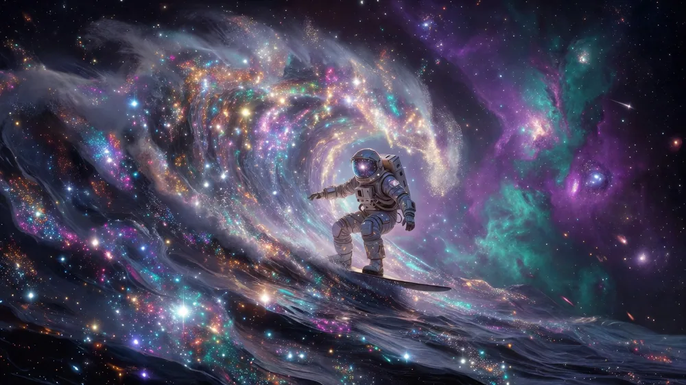 AI-generated astronaut surfing a cosmic wave of stars