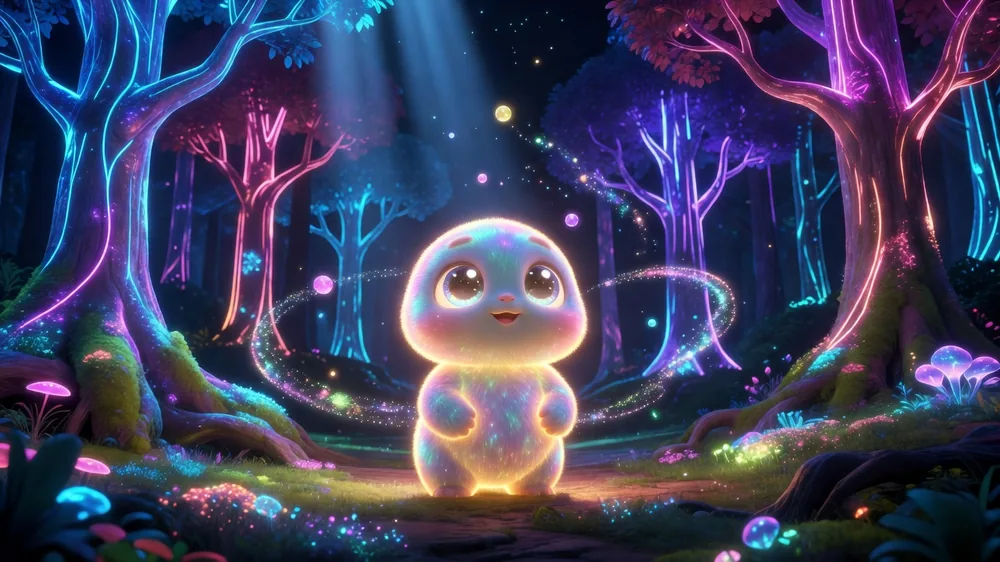 AI-generated glowing fantasy creature mascot in a neon forest