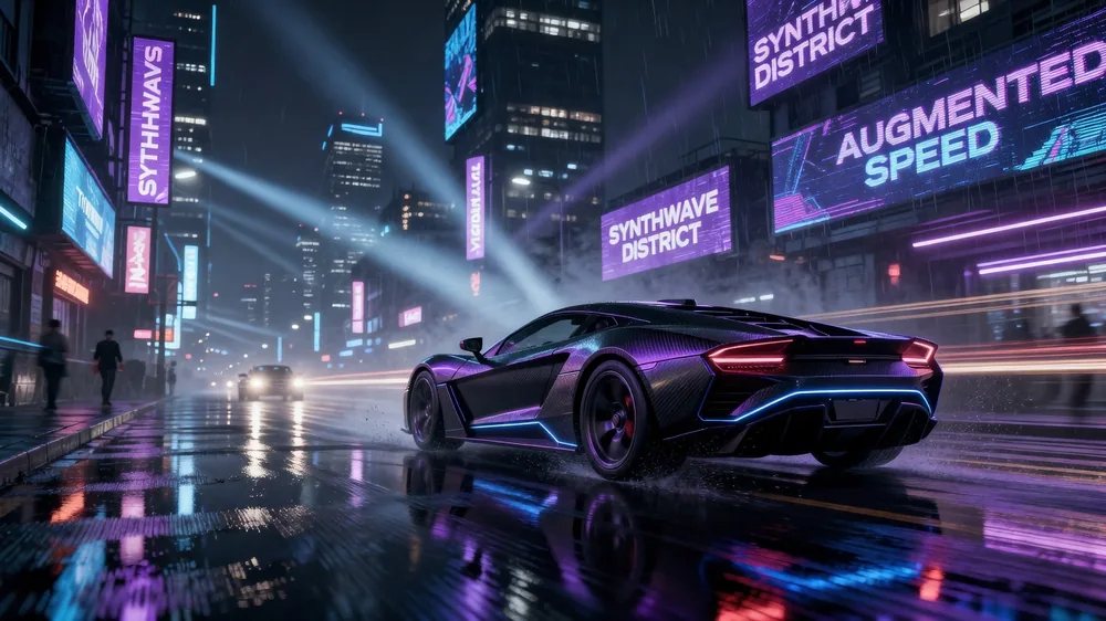AI-generated cyberpunk car speeding through a neon city