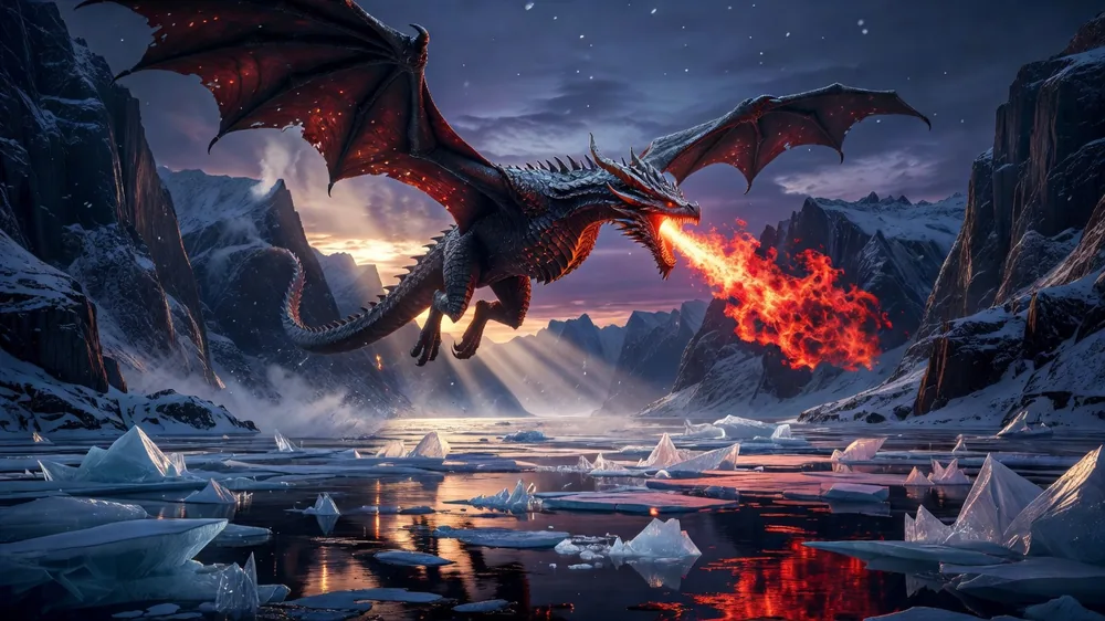 AI-generated fire dragon flying over a frozen fjord