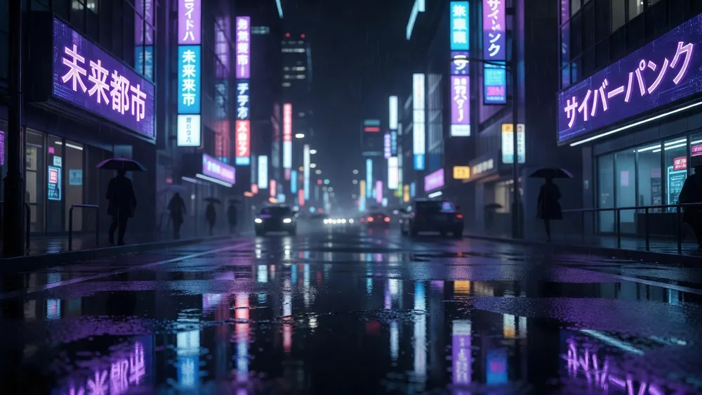 AI-generated POV walk through a rainy neon Tokyo street at night