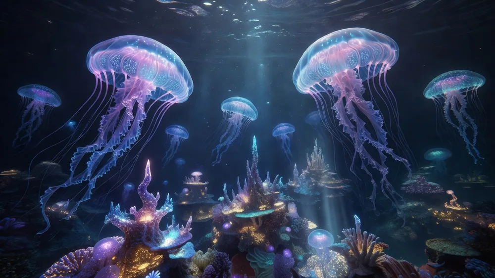 AI-generated bioluminescent jellyfish over a glowing coral city